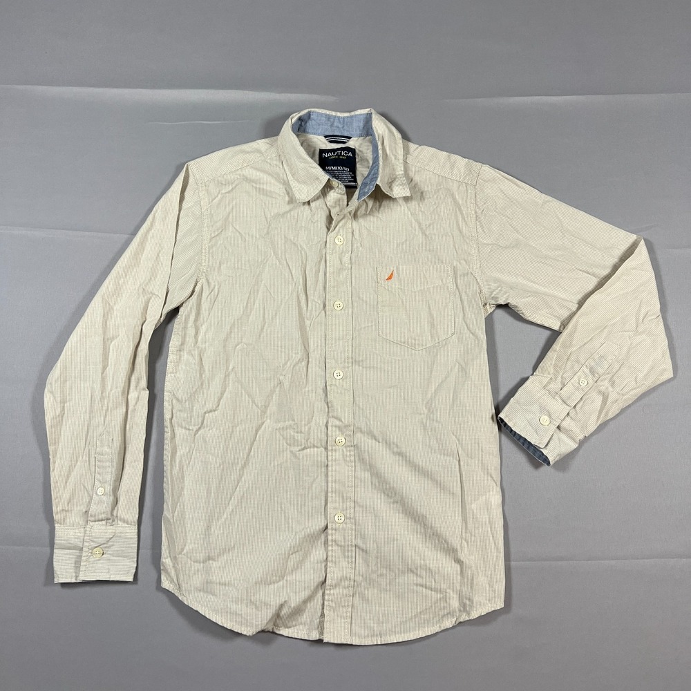 Nautica Oxford Shirt Boys Medium 10-12 Beige Cotton Back Yoke Button Up Casual